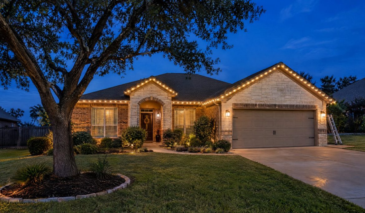 One-story brick and limestone home at blue hour with warm white C9 lights along the roofline and gables.