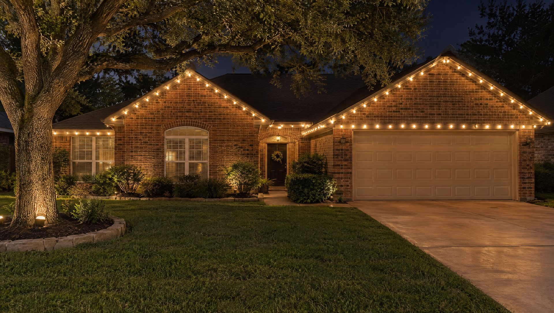 One-story brick house at night with warm white C9 bulbs along the garage eave and two front gables.