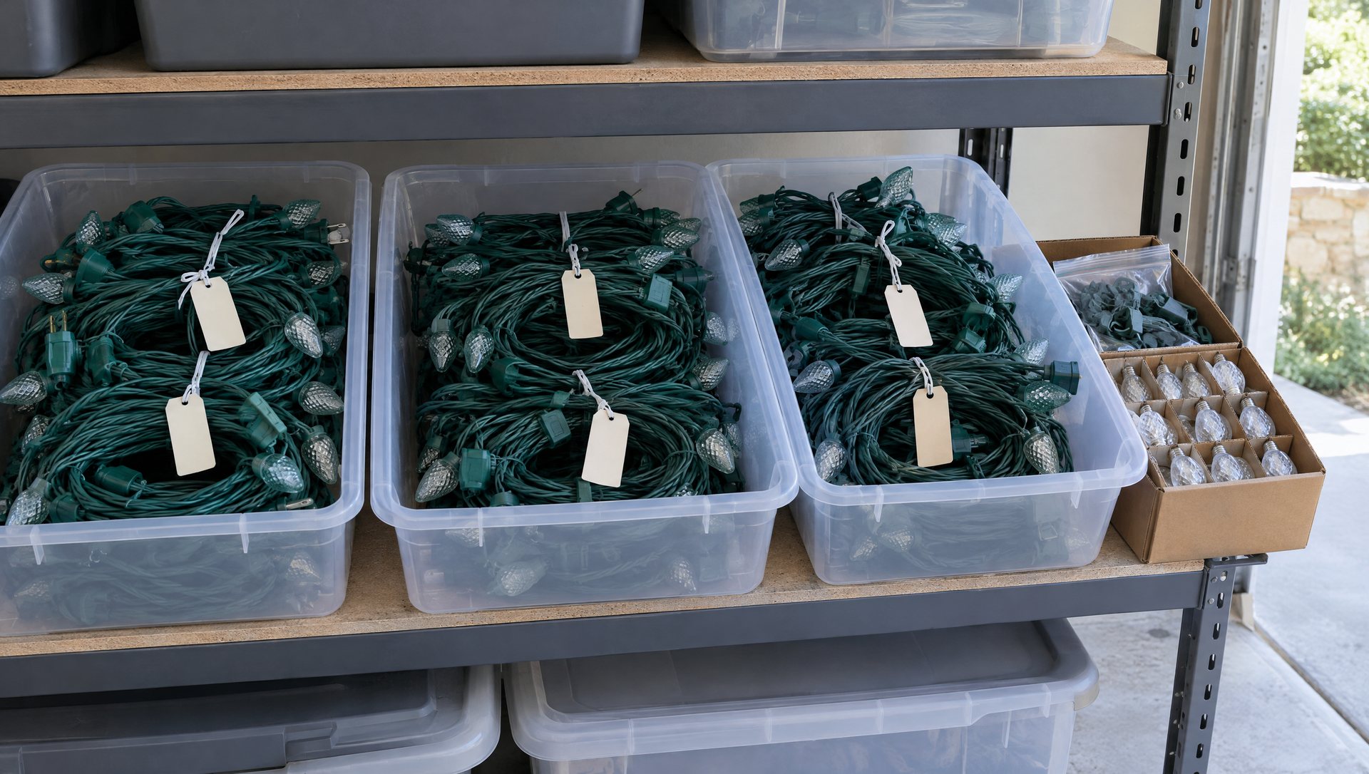 Coiled C9 light runs with blank tags stored in plastic bins on garage shelves.