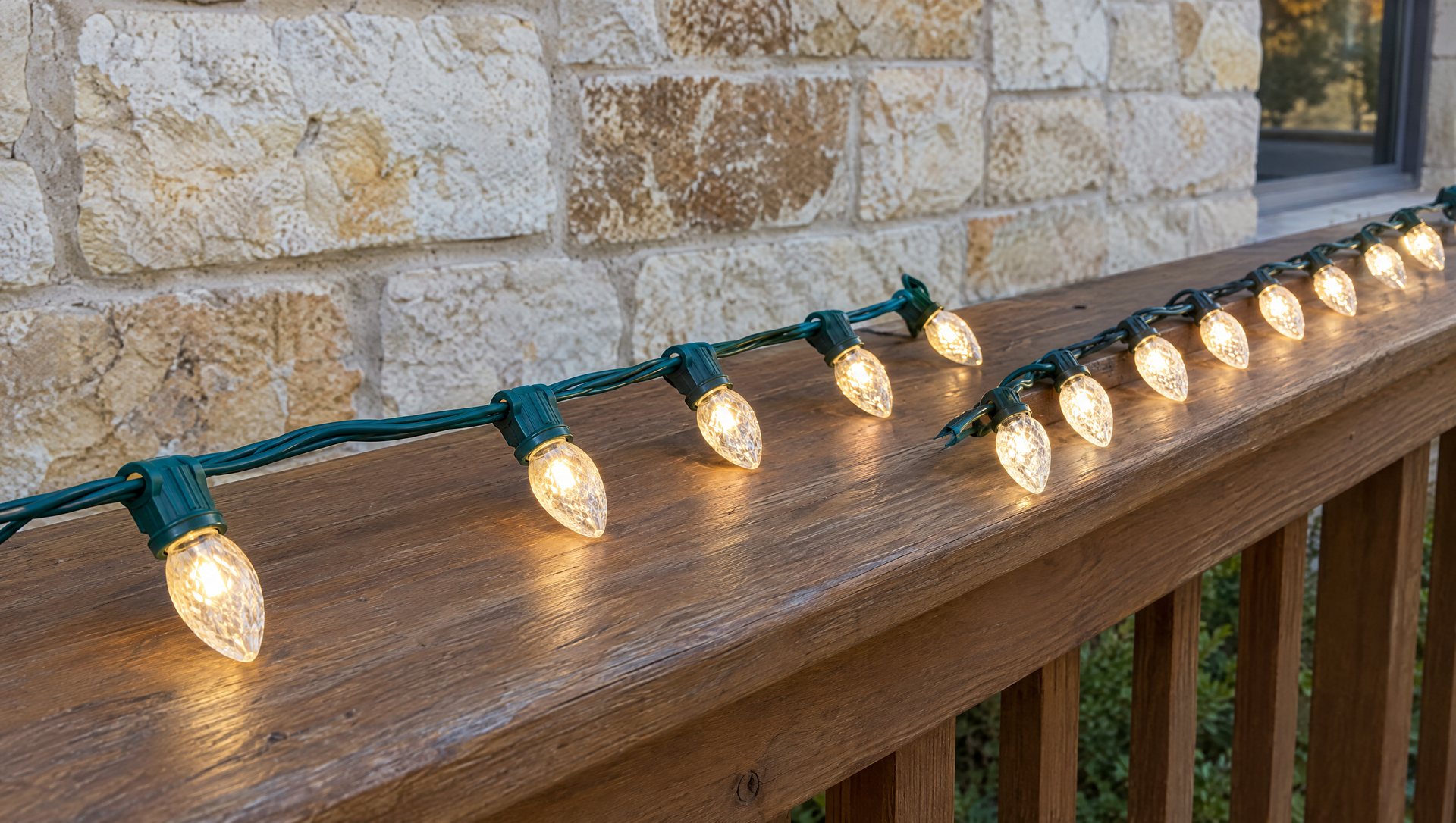 A commercial C9 socket wire with screw-in bulbs beside a store-bought prelamped C9 string on a porch rail.