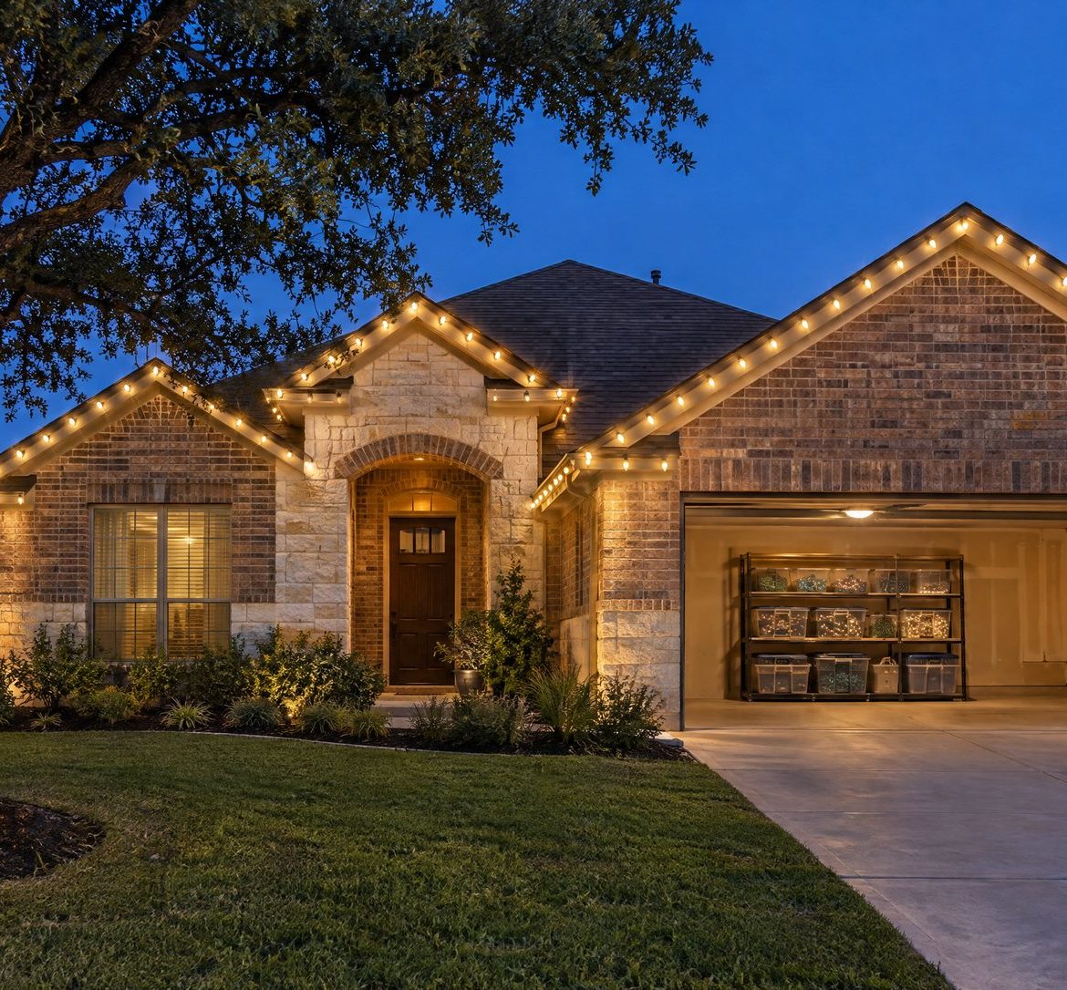 Do Christmas Light Installers Provide the Lights, or Do I Buy Them? Brick and limestone home at blue hour with warm white roofline lights and bins of coiled lights in the open garage.