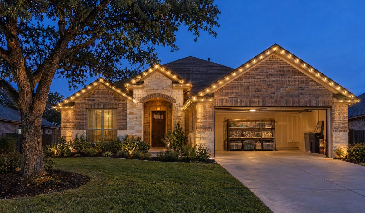 Brick and limestone home at blue hour with warm white roofline lights and bins of coiled lights in the open garage.