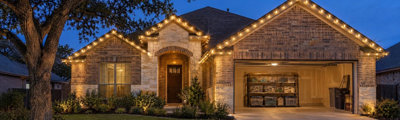 Brick and limestone home at blue hour with warm white roofline lights and bins of coiled lights in the open garage.