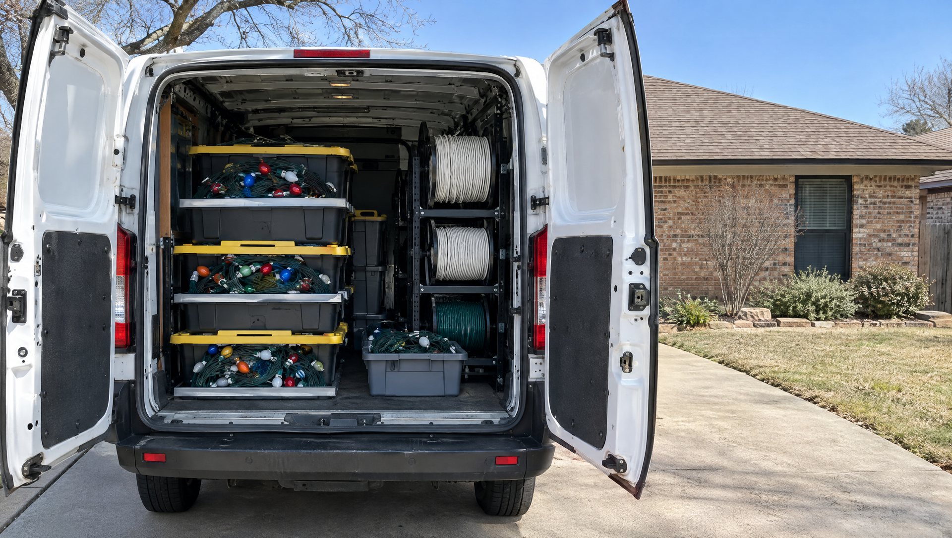 Open van with bins of coiled roofline lights parked in front of a one-story brick house.