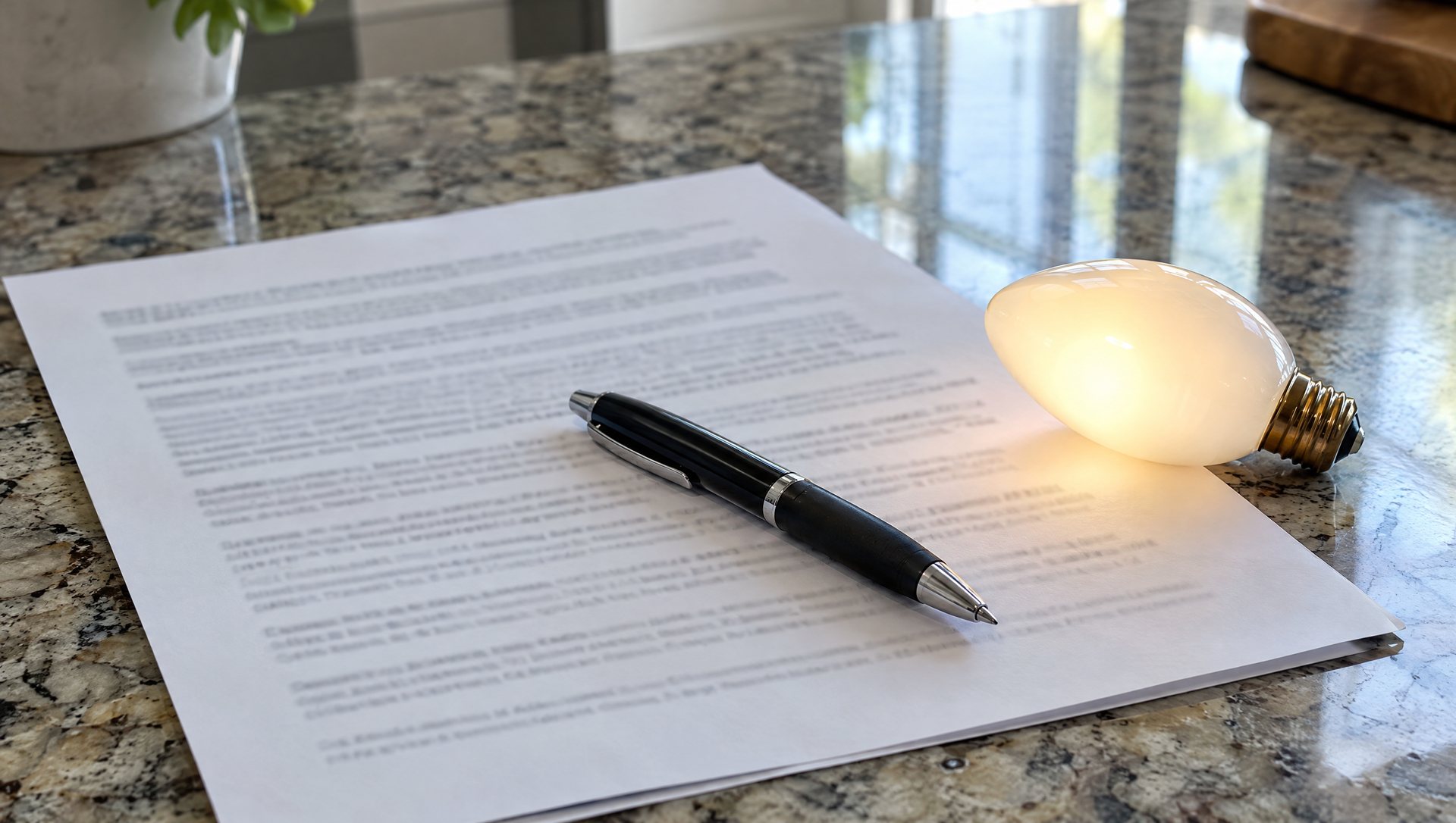 A blurred printed agreement on a counter with a pen and a single C9 bulb beside it.