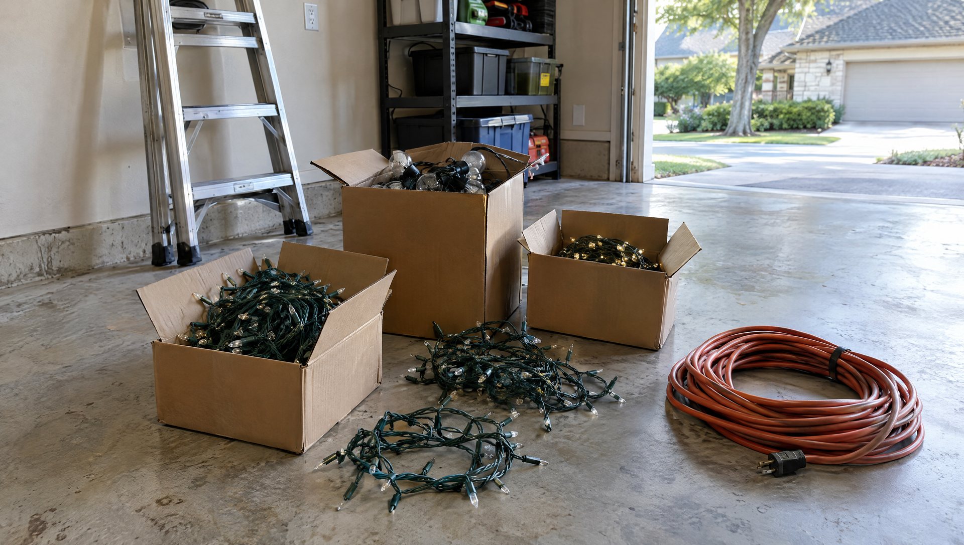 Boxes of store-bought string lights and a coiled cord on a garage floor beside a step ladder.