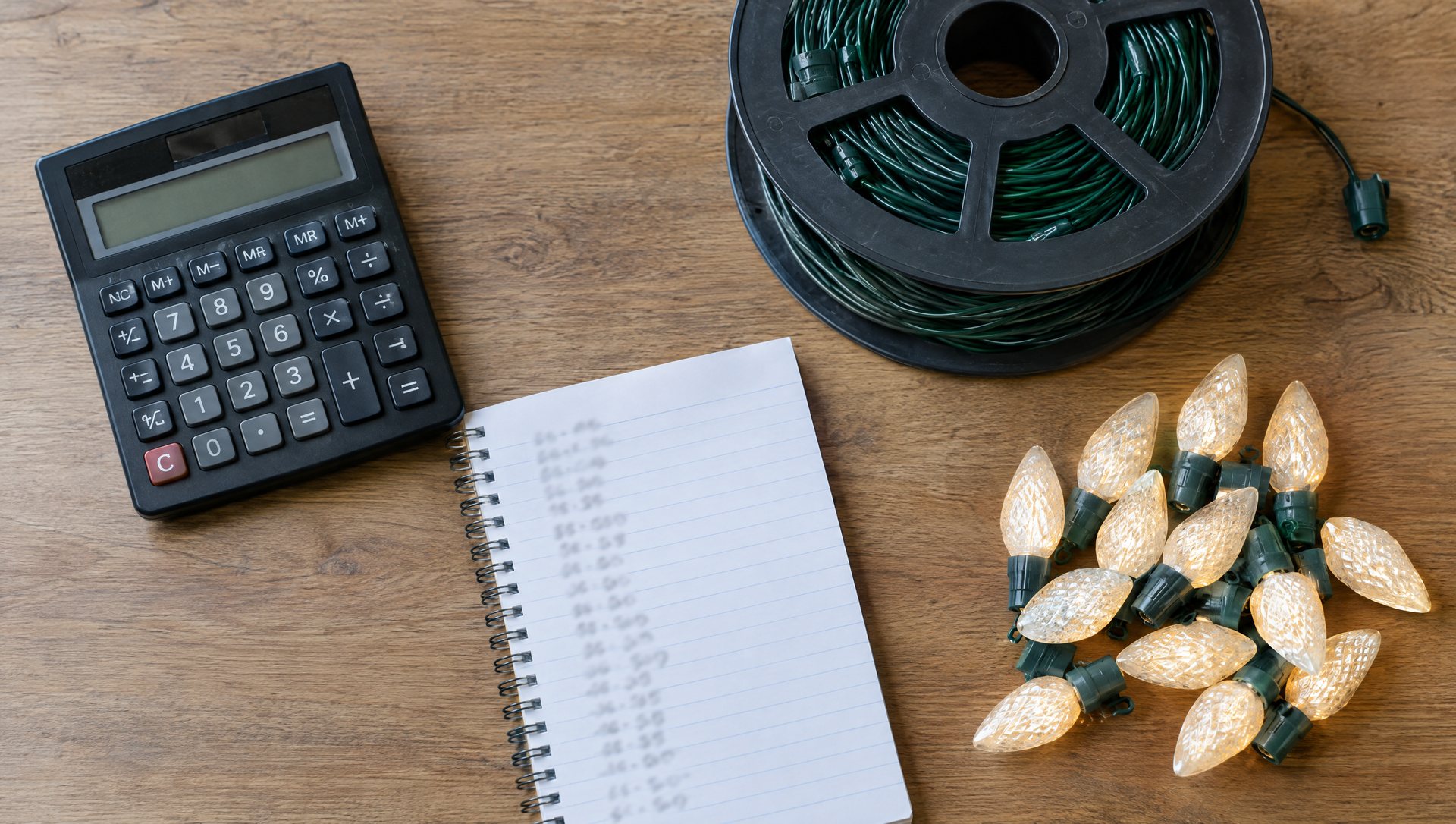 A calculator and notepad beside a reel of light wire and a pile of C9 bulbs on a desk.