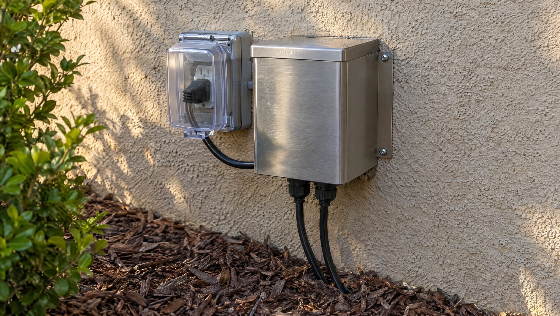 Stainless landscape lighting transformer on a stucco wall, plugged into a covered outdoor outlet