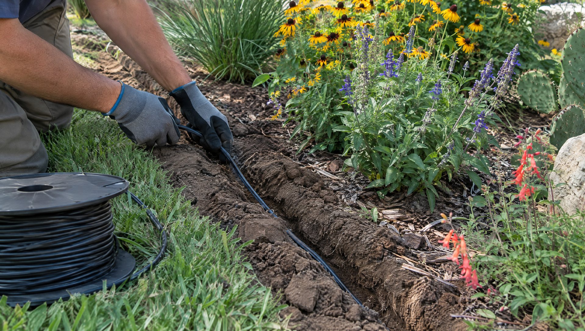 Gloved hands laying low-voltage lighting cable in a shallow trench beside a planting bed