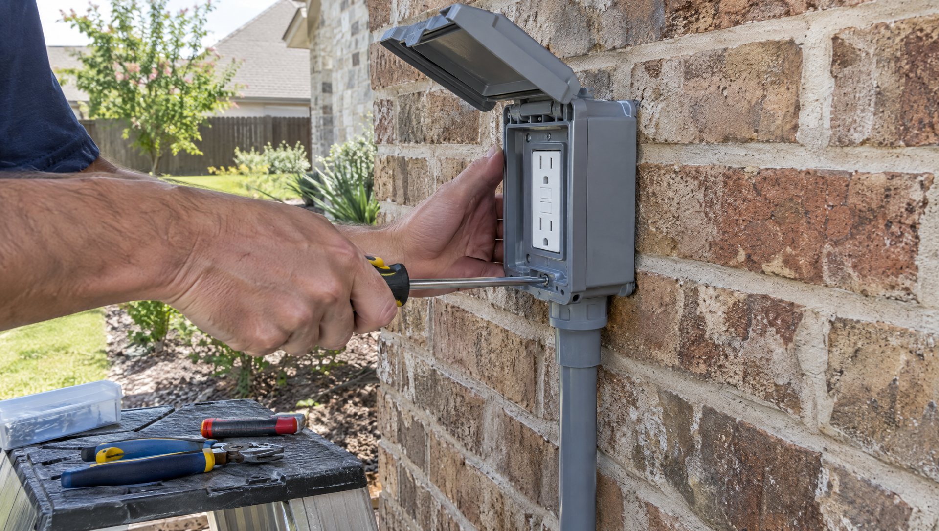 Electrician's hands installing a new outdoor GFCI receptacle on a brick wall
