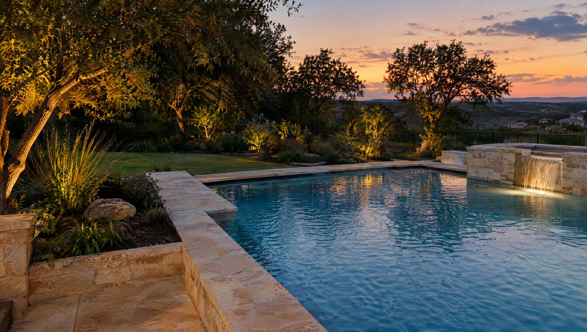 Backyard pool at dusk with landscape lights set well back from the water's edge