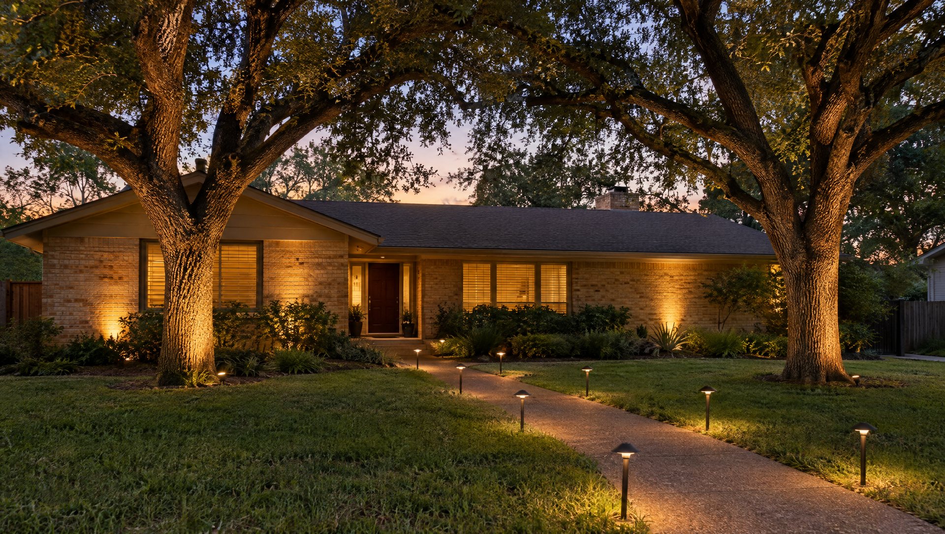 Brick ranch house with two uplit live oaks, path lights on a curved walk and soft wall lighting