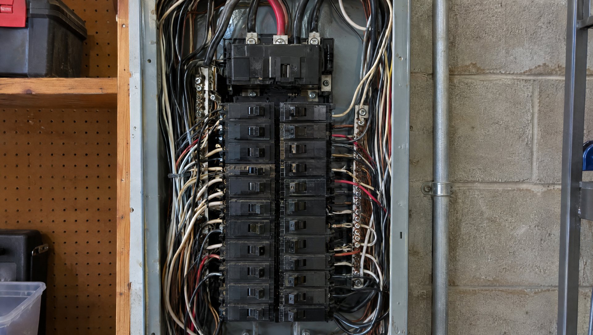 Older residential breaker panel with its cover removed, crowded with breakers