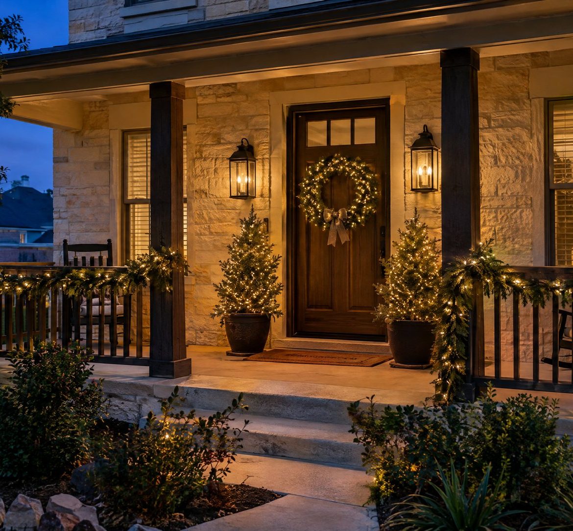 Front Porch Christmas Lights and Decor Covered front porch with lit garland, wreath, lanterns and potted trees at night