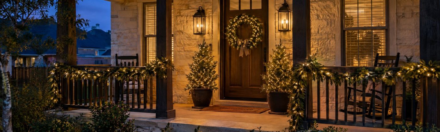 Covered front porch with lit garland, wreath, lanterns and potted trees at night