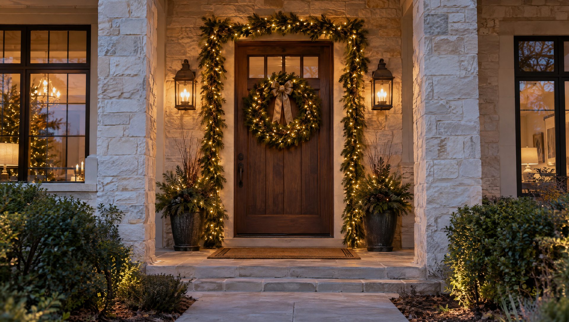 Limestone front porch with a lit wreath and garland framing the door