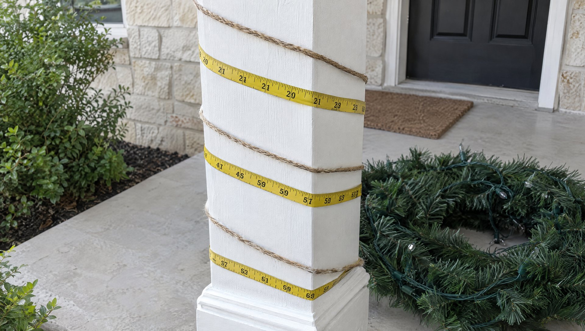 Tape measure and string spiraled around a porch column to measure for Christmas garland
