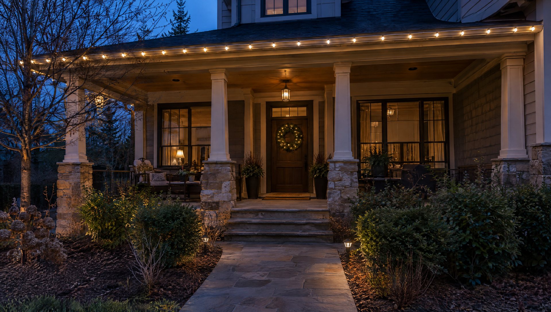 Deep front porch with outer-edge Christmas lights and a wreath on the recessed door at dusk