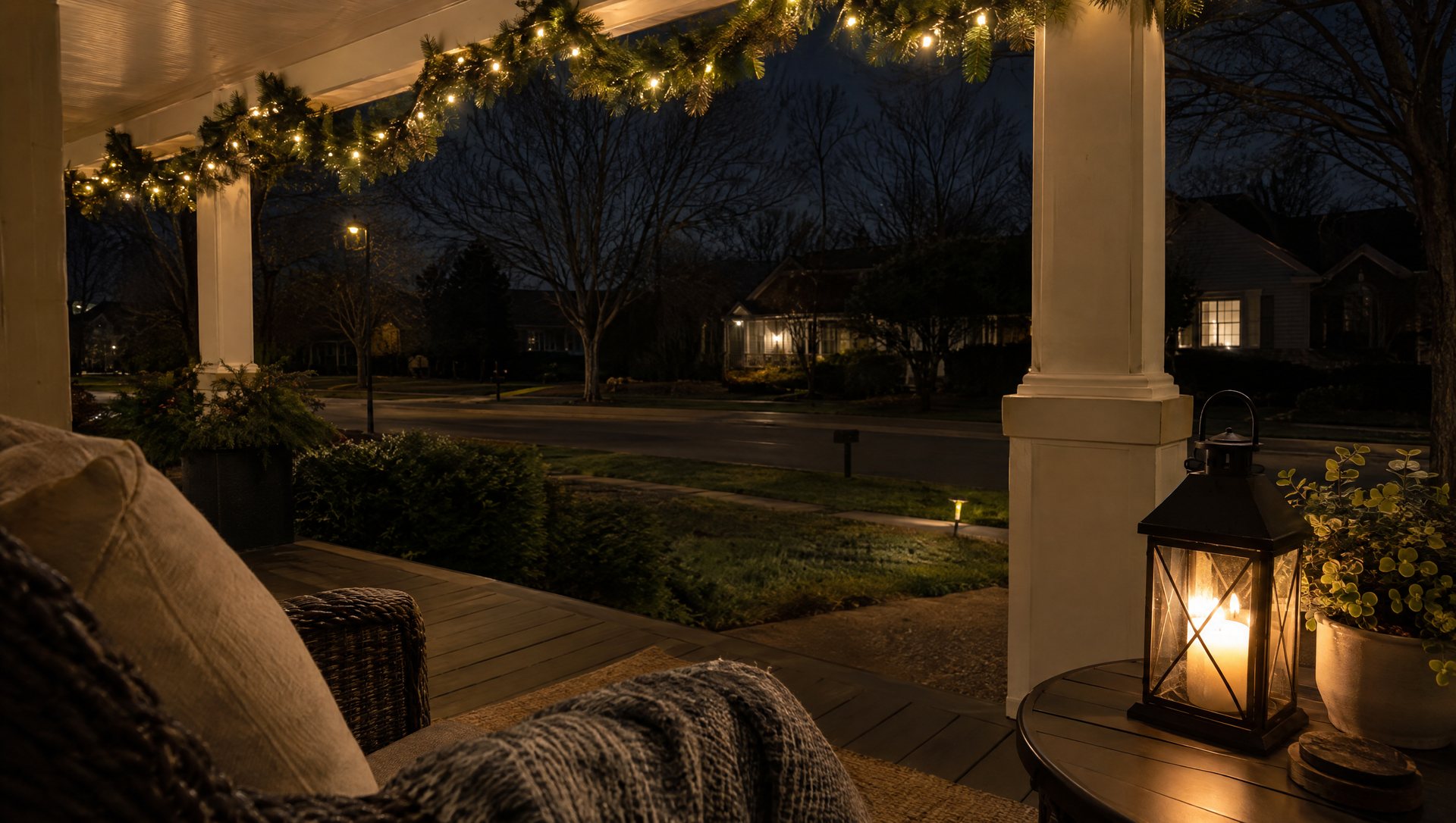 Front porch Christmas lights seen from a porch chair, with garland overhead and a lit lantern