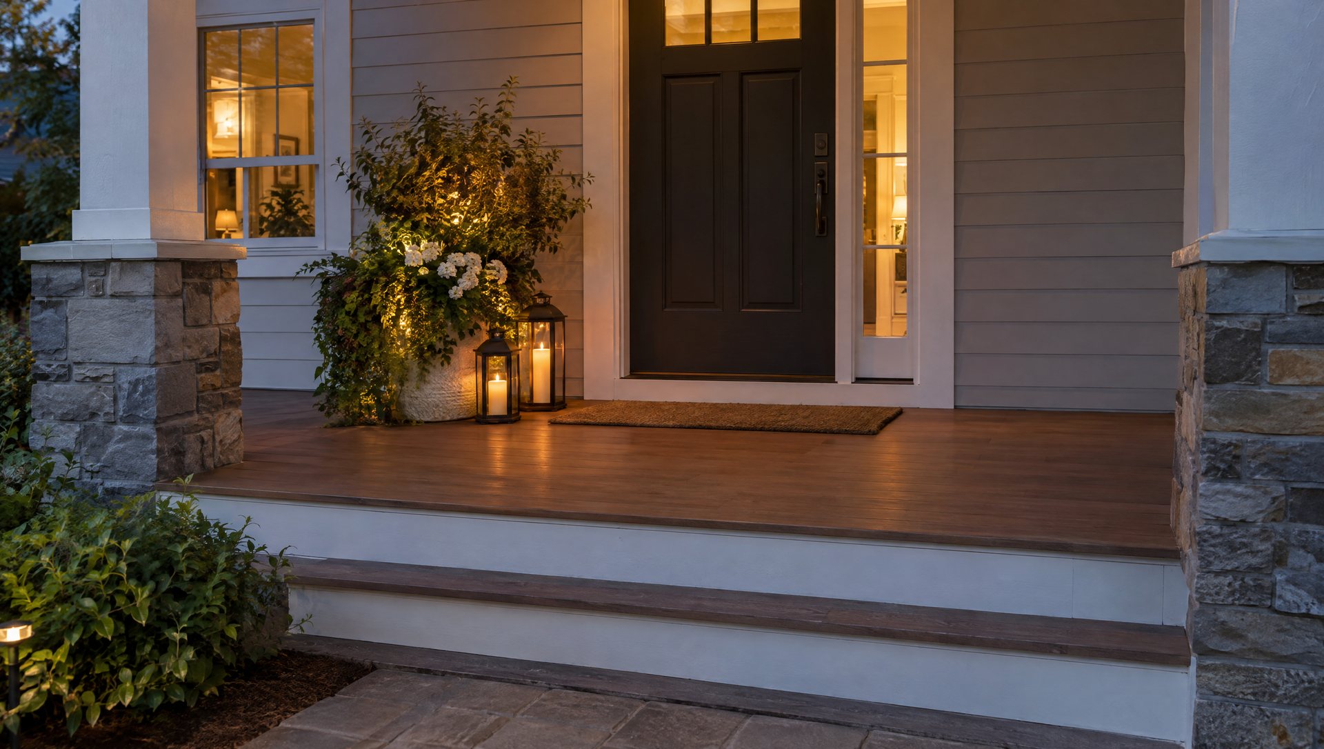 Front porch Christmas decor kept to one side with a clear door swing and package spot