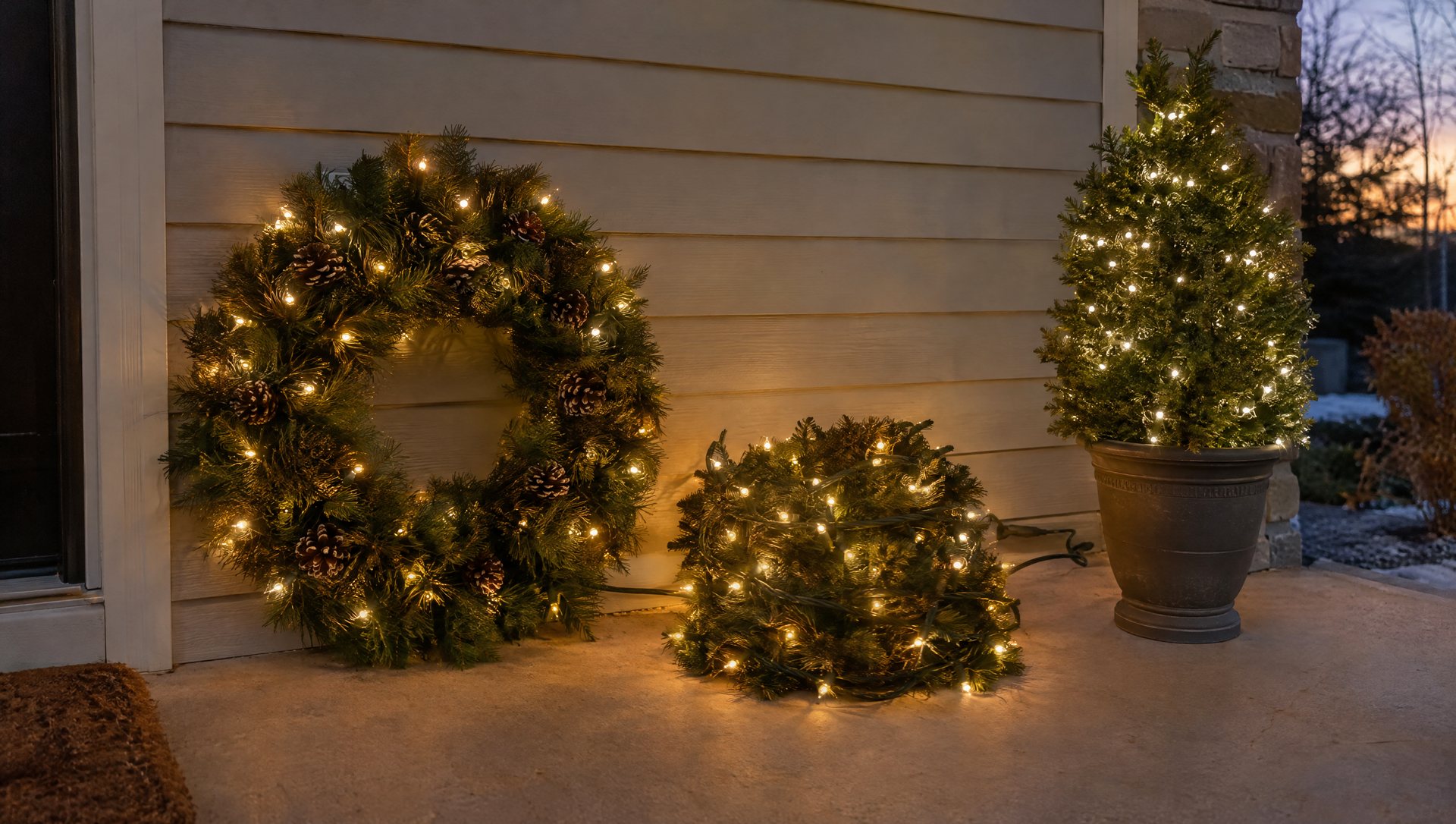 Pre-lit wreath, garland and planter tested side by side to compare warm white Christmas lights