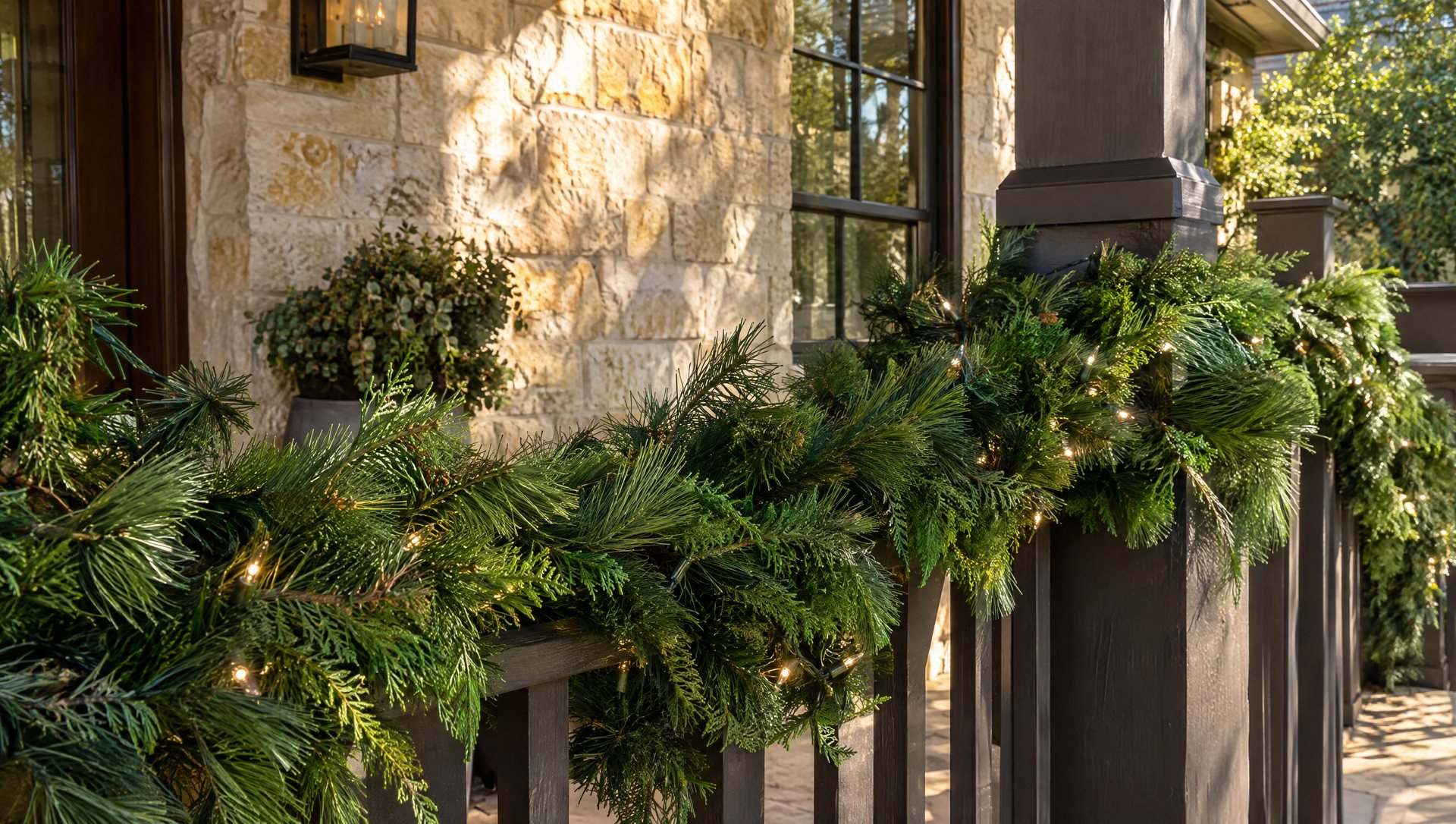 Faux lit Christmas garland on a shaded Austin porch rail in warm afternoon sun