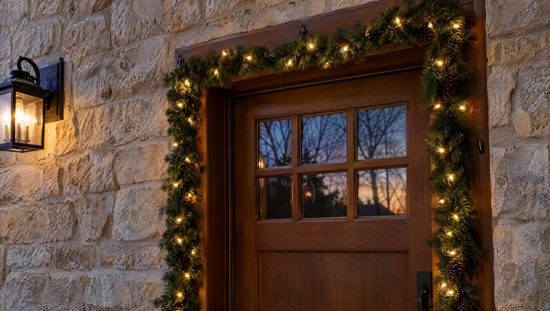 Lit Christmas garland hung from door trim instead of a rough limestone porch wall