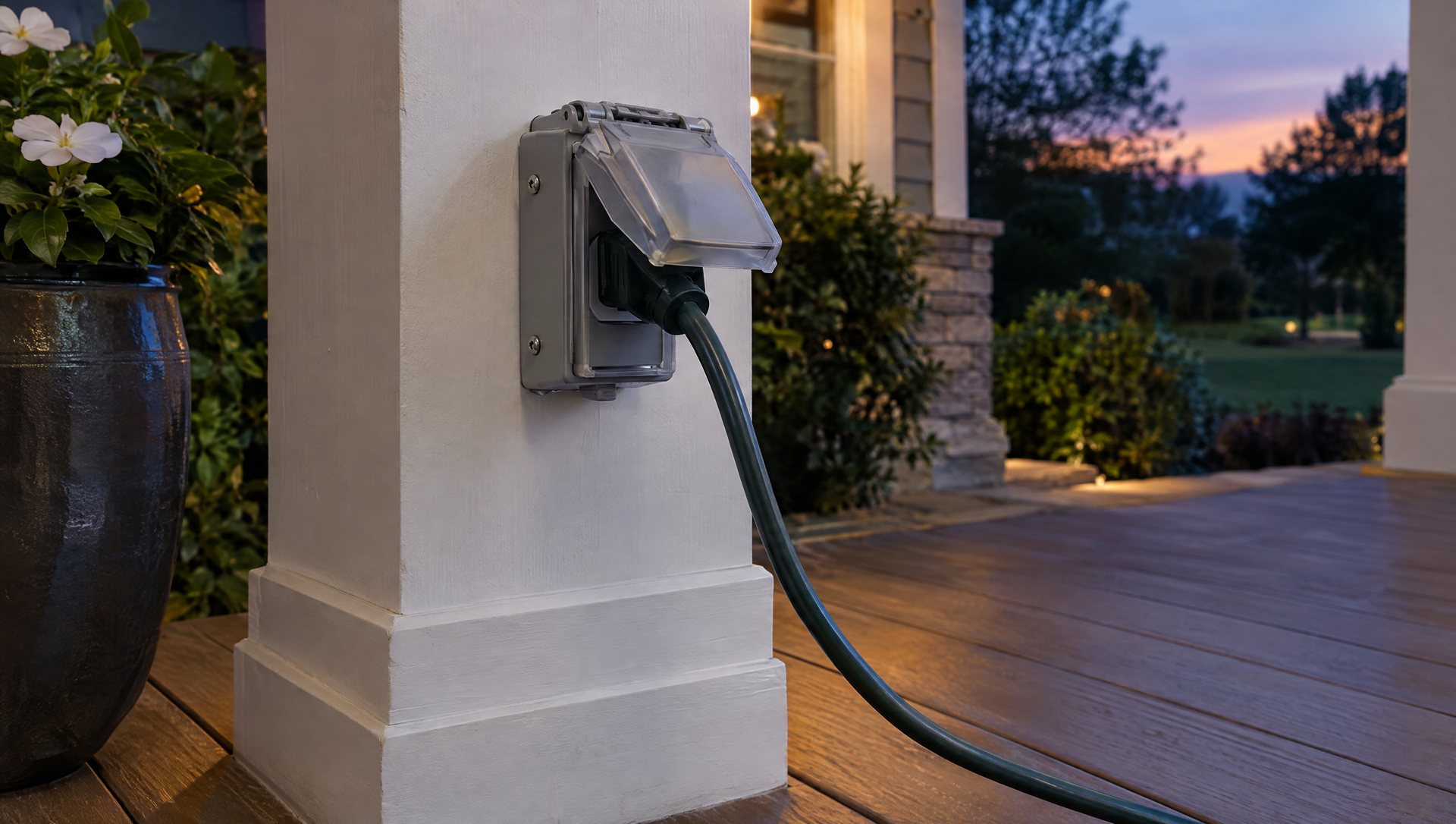 Outdoor-rated porch Christmas light cord plugged into a covered weatherproof outlet