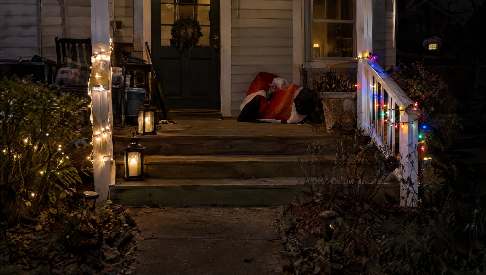 Cluttered porch with Christmas lanterns on the steps and a slumped inflatable by the door