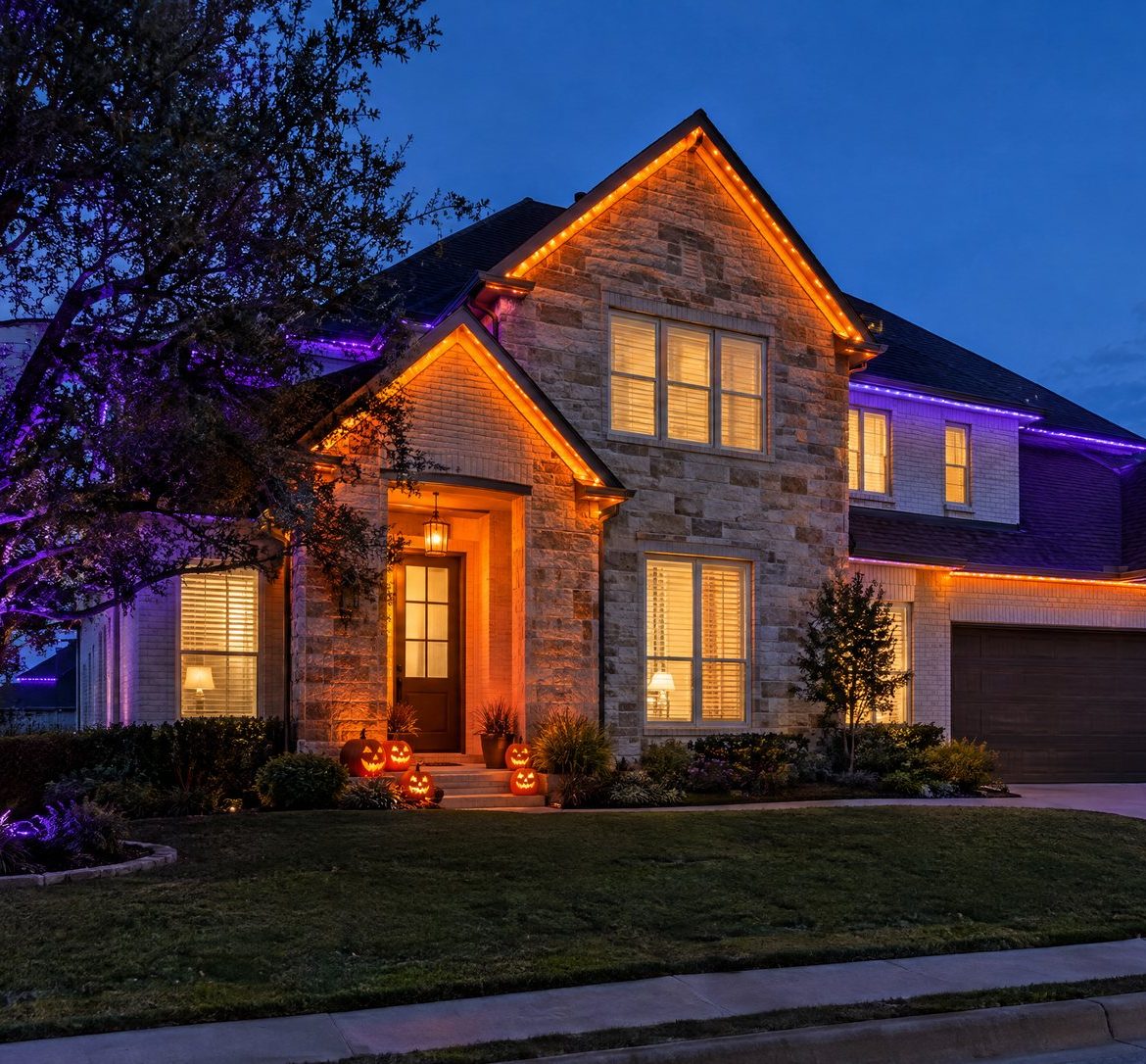 Two-story Texas home at dusk with orange roofline and door lighting, a purple-uplit live oak and glowing jack-o'-lanterns