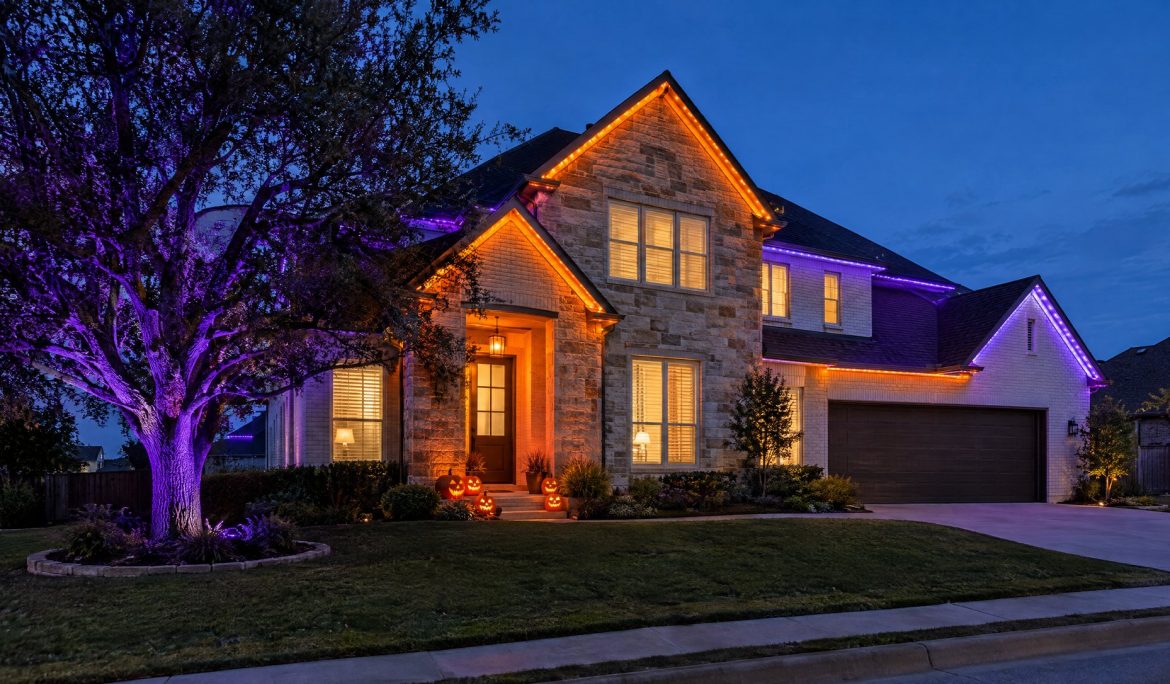 Two-story Texas home at dusk with orange roofline and door lighting, a purple-uplit live oak and glowing jack-o'-lanterns