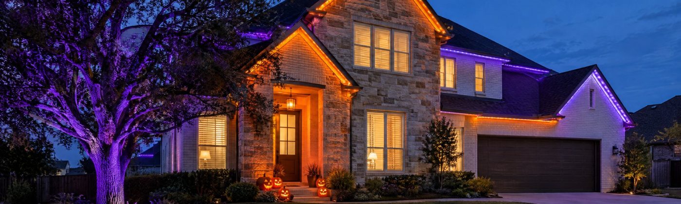 Two-story Texas home at dusk with orange roofline and door lighting, a purple-uplit live oak and glowing jack-o'-lanterns