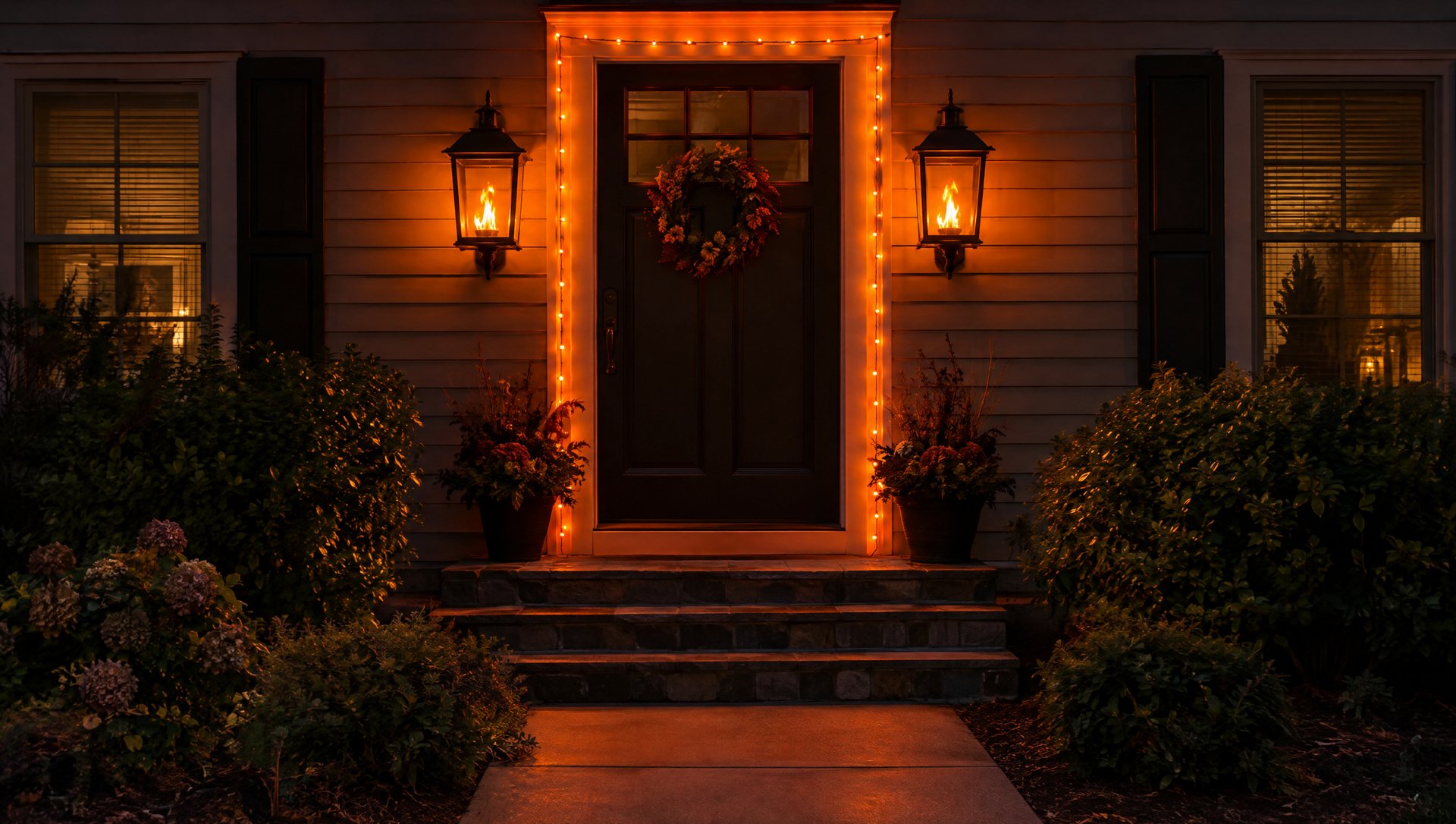 Front door outlined in orange Halloween lights with flicker-flame lanterns at night