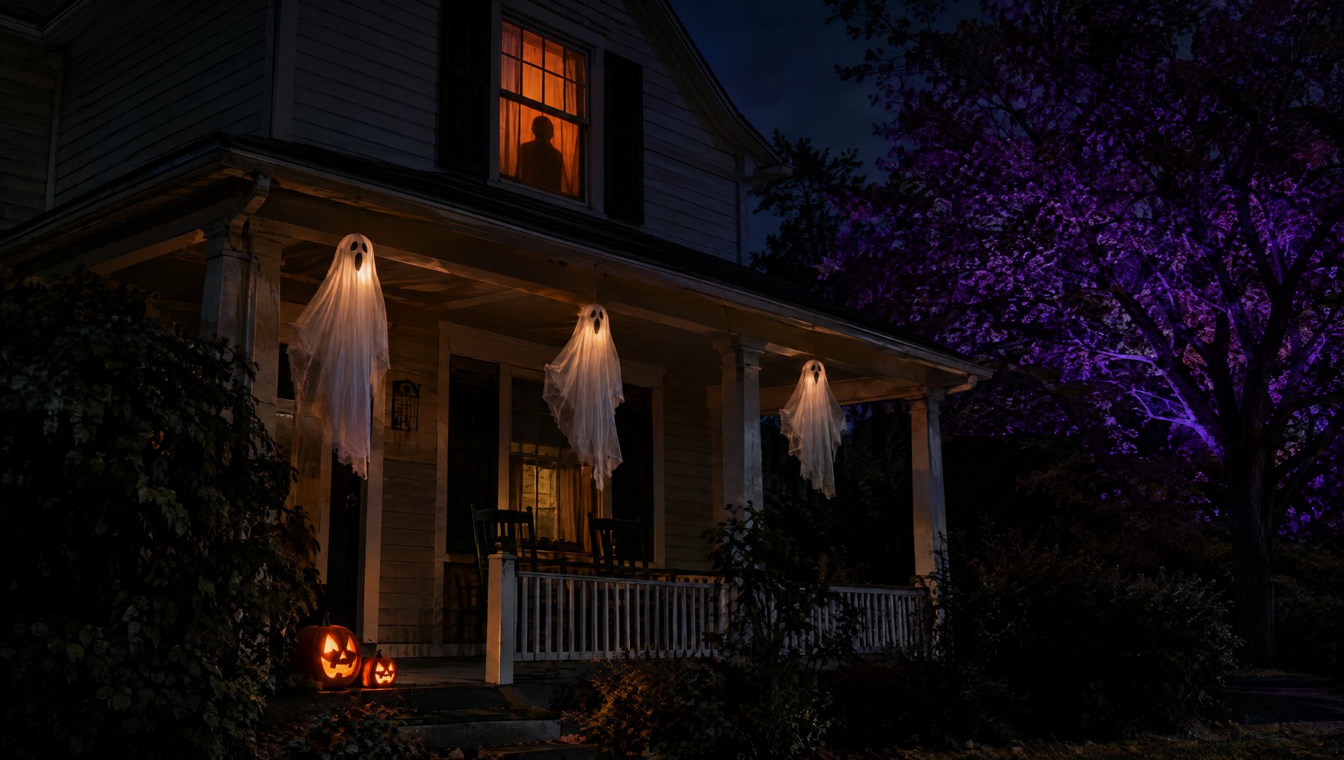 Halloween porch with lit pumpkins, floating ghosts and an orange-lit upstairs window