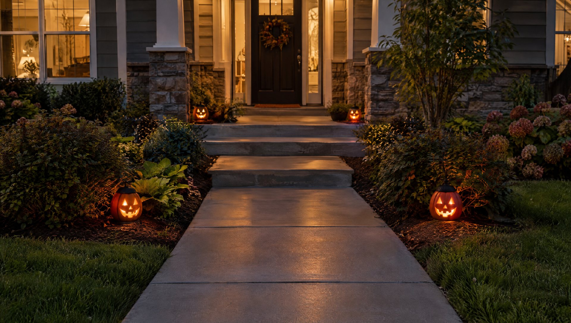 Clear front walk with Halloween lanterns set back from the path at dusk