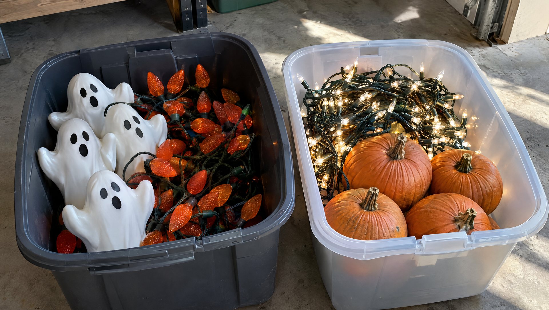 Halloween accents and neutral fall lighting packed in two storage bins