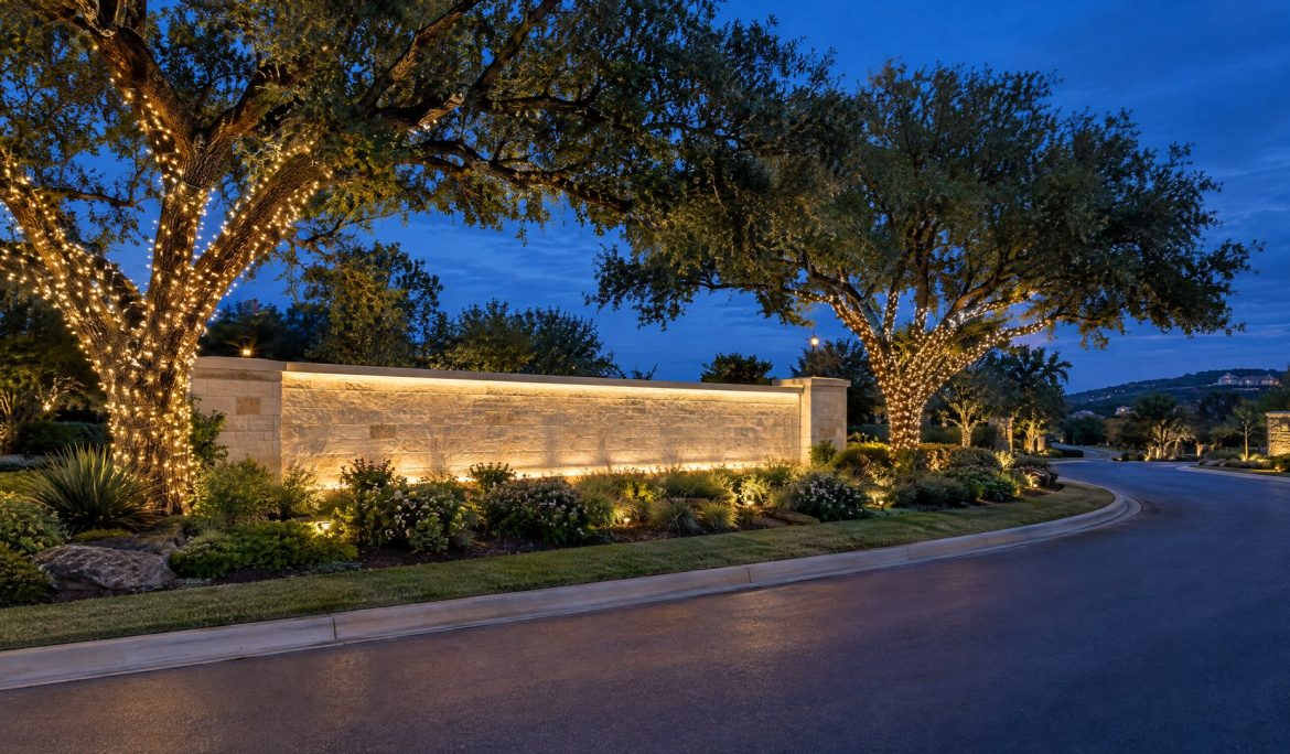 Limestone subdivision entrance at blue hour with warm white lights on the wall and two wrapped live oaks