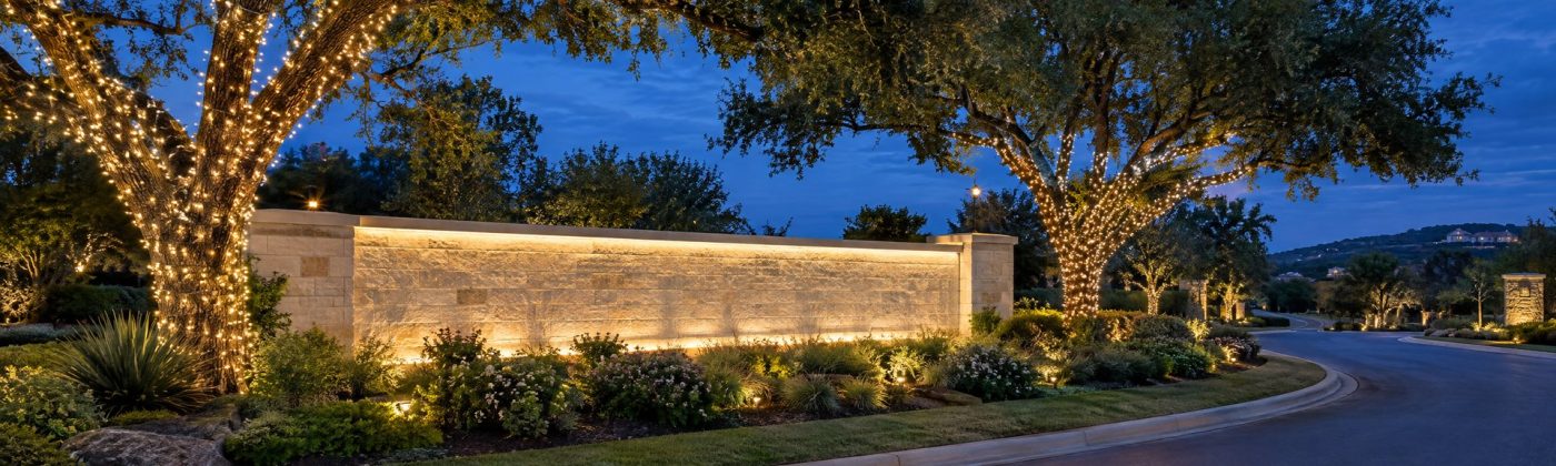 Limestone subdivision entrance at blue hour with warm white lights on the wall and two wrapped live oaks