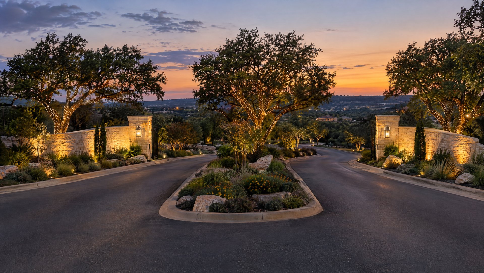 Divided community entrance at dusk with lit limestone walls and wrapped oaks on both sides