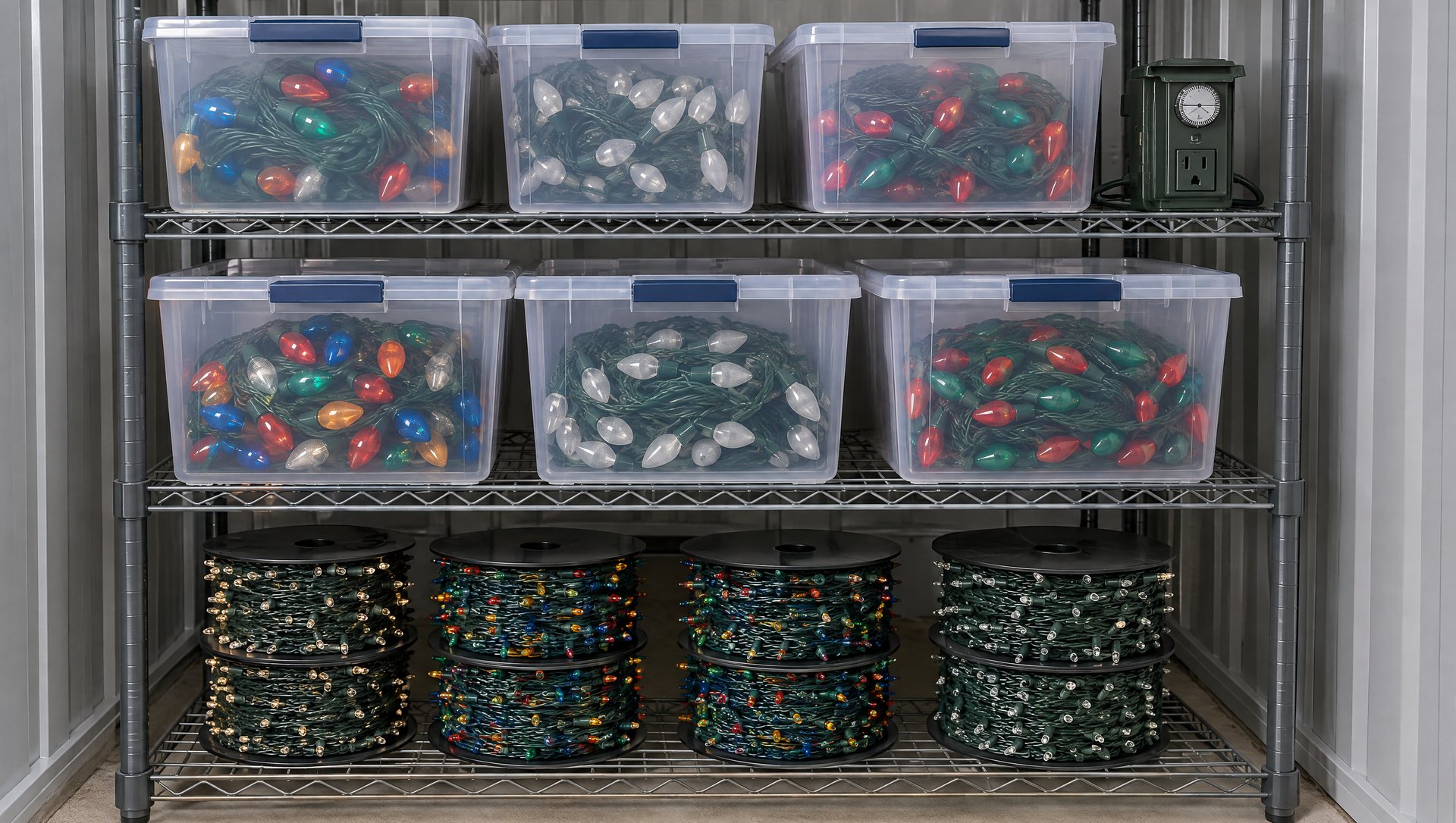 Storage totes of coiled holiday light strings stacked on shelving