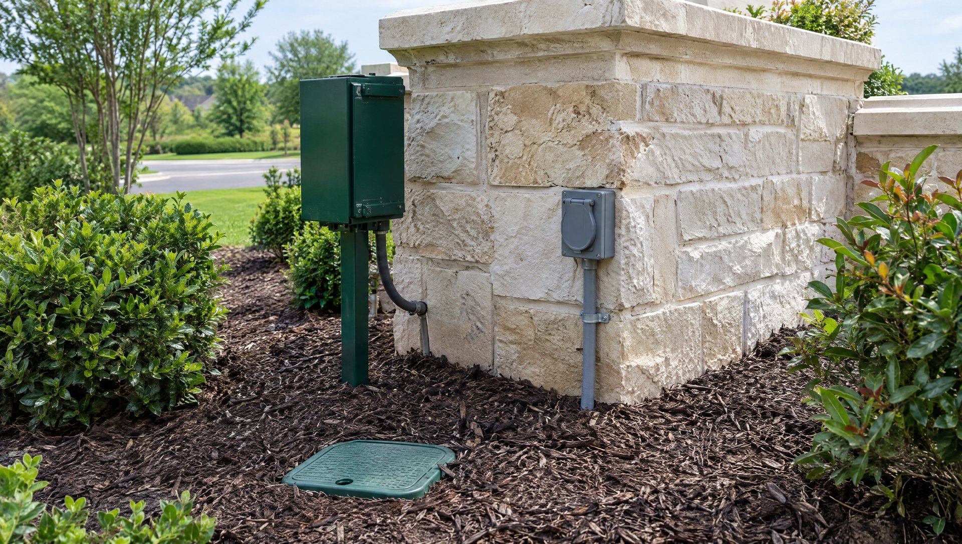Back of a limestone monument with a landscape transformer and a covered outdoor outlet
