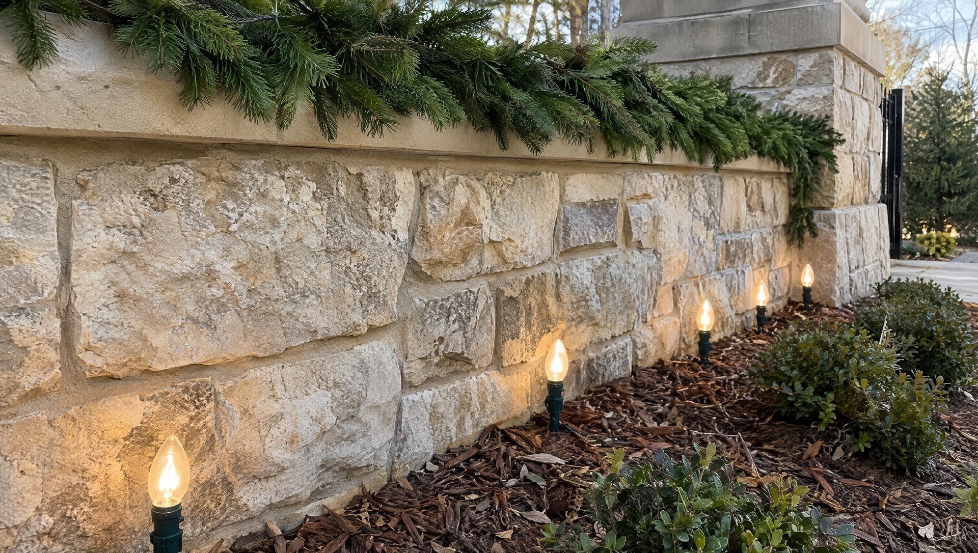 C9 bulbs on ground stakes along the base of a limestone wall, with garland tied on the cap and no fasteners in the stone