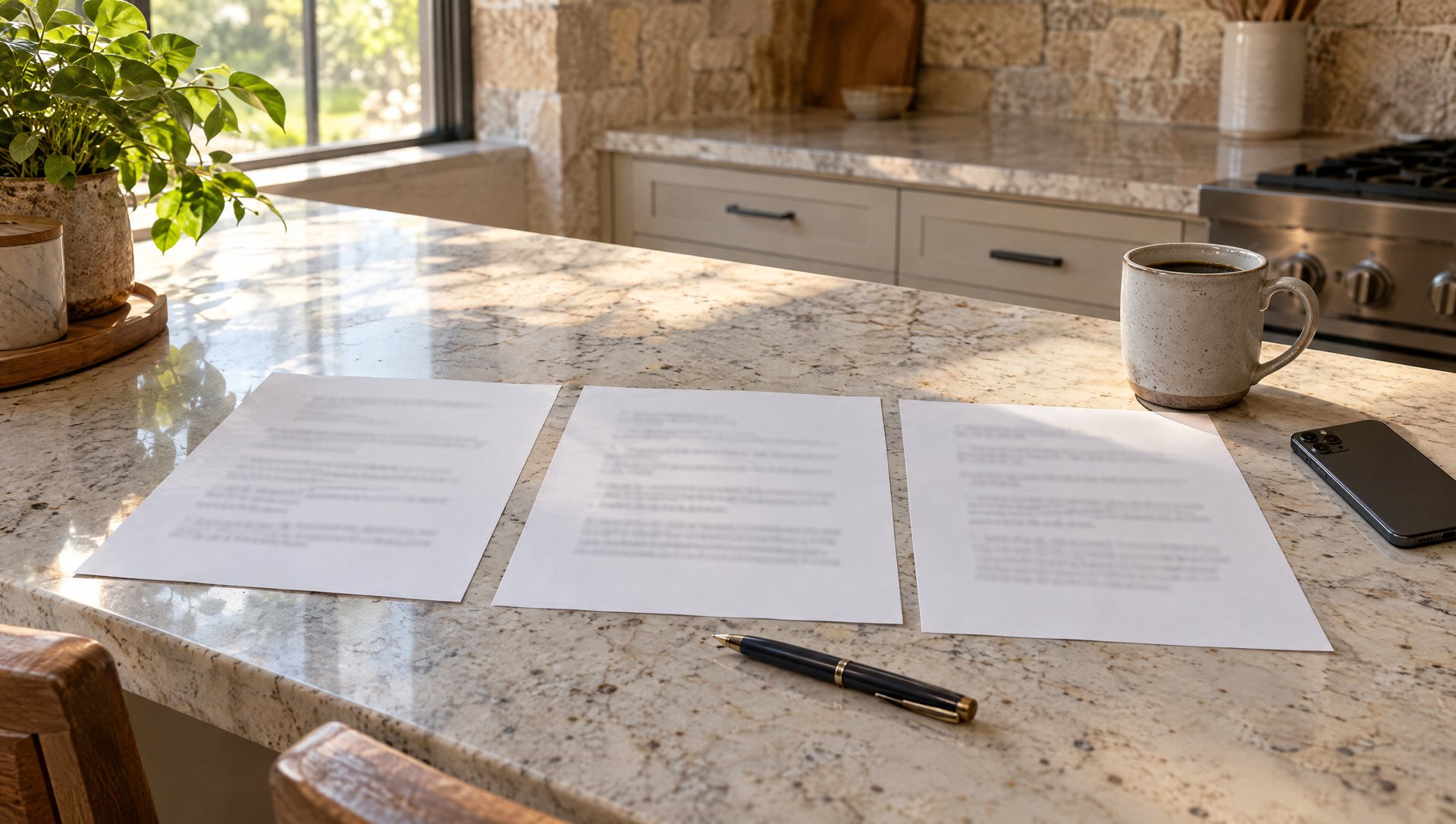 Three printed quotes laid side by side on a kitchen island with a pen and coffee.