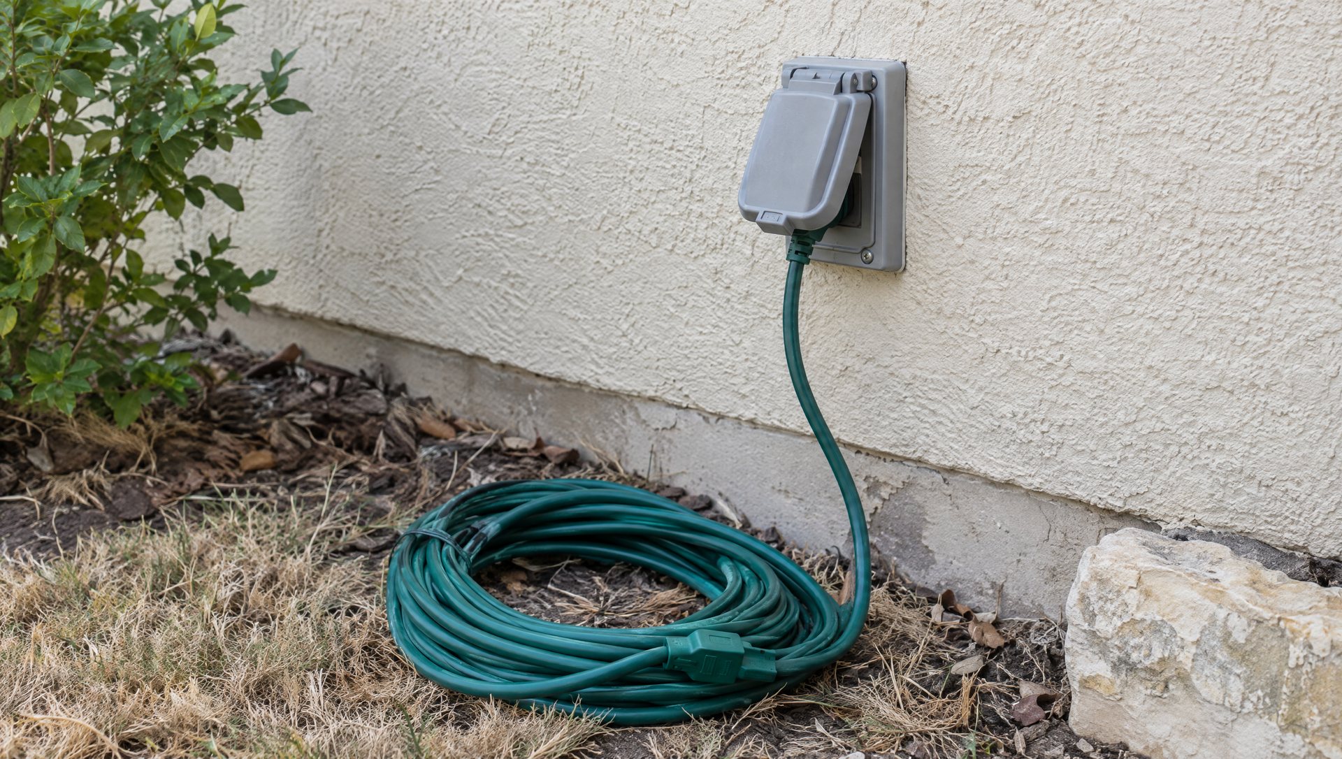 Outdoor outlet with a weatherproof cover on a stucco wall, a coiled cord below.