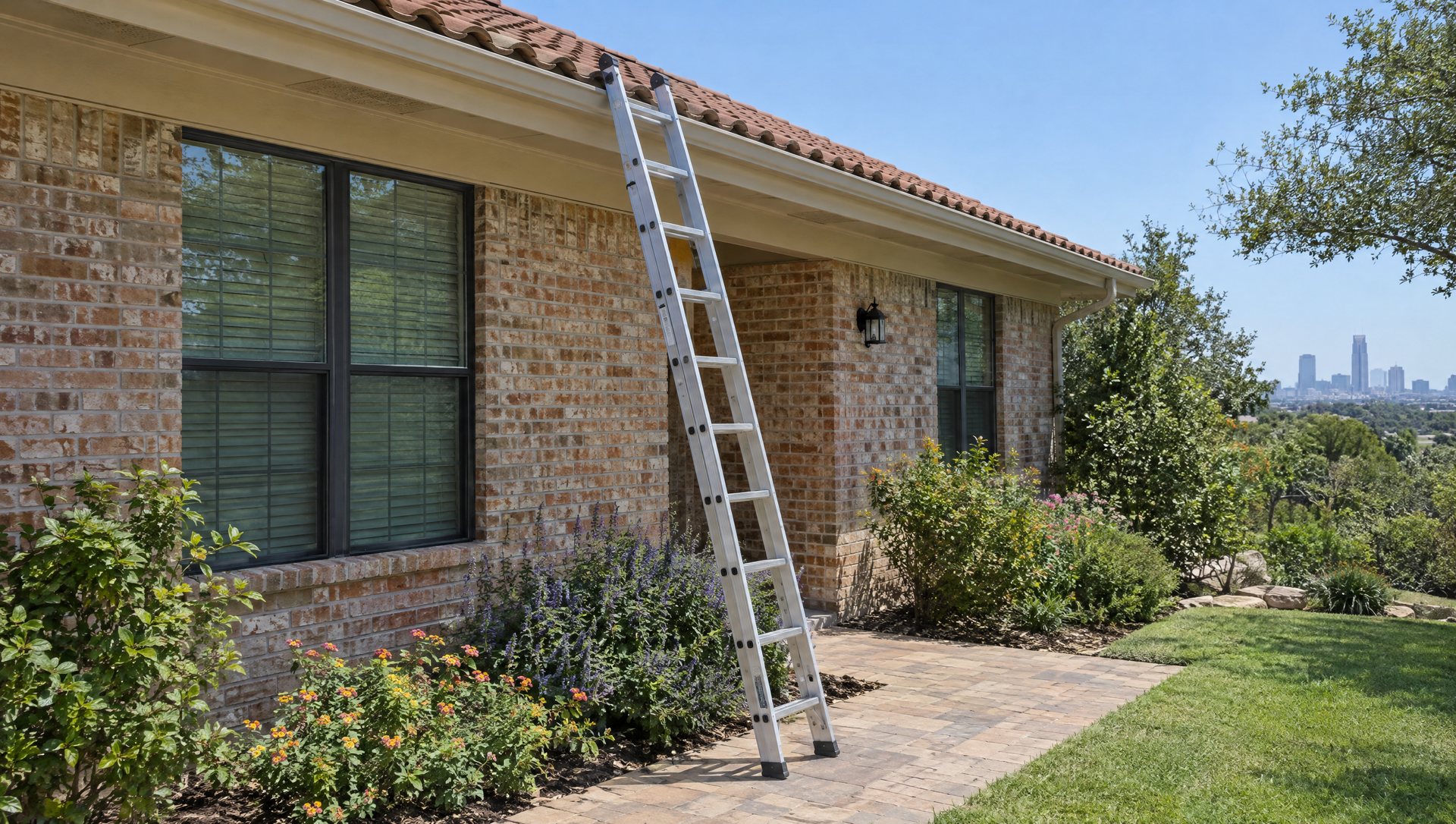 An extension ladder against the gutter of a one-story brick house above a flower bed.