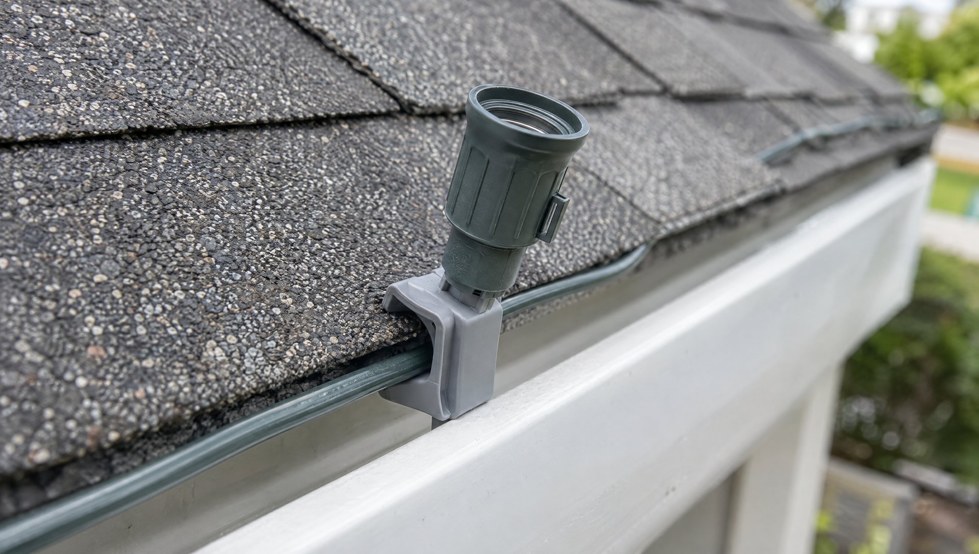Plastic clip holding an unlit C9 socket upright on a shingle edge above a gutter.