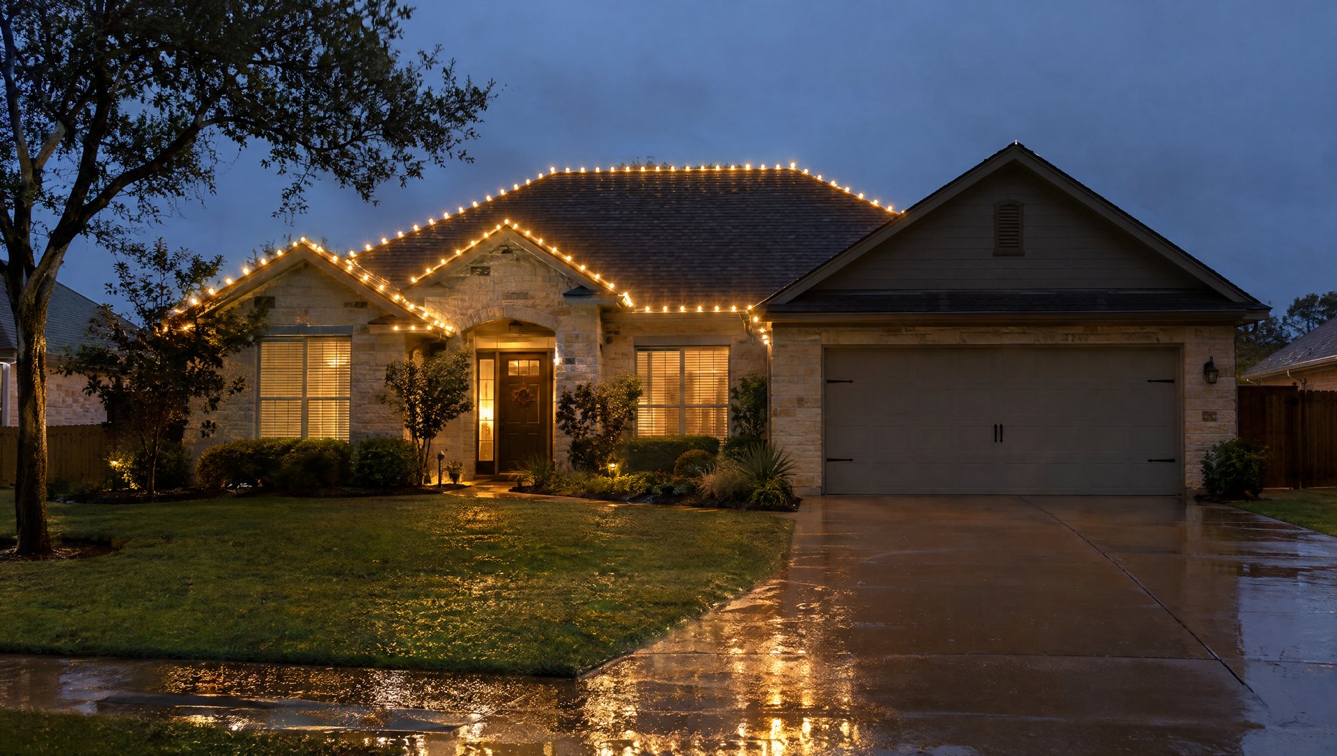 A house at night with most of the roofline lit and one gable section dark after rain.