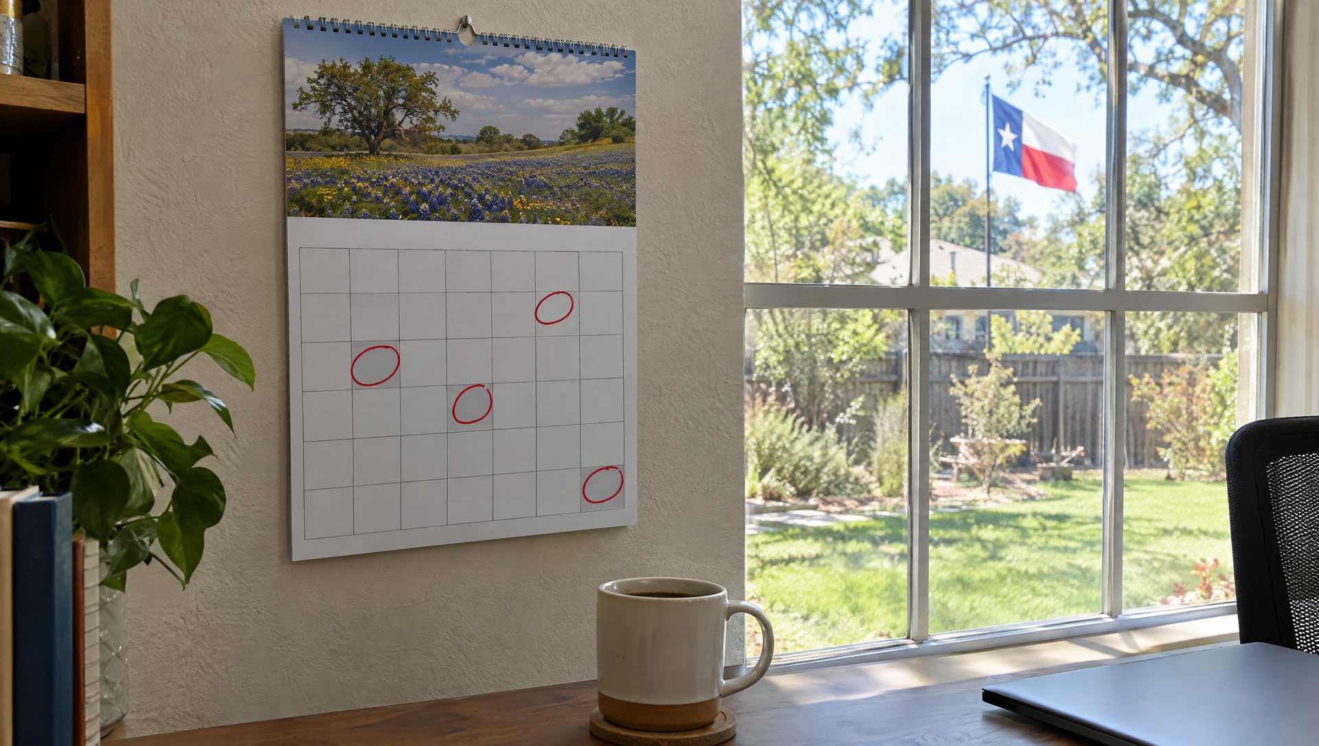 A wall calendar with several days circled in red marker in a sunny home office.