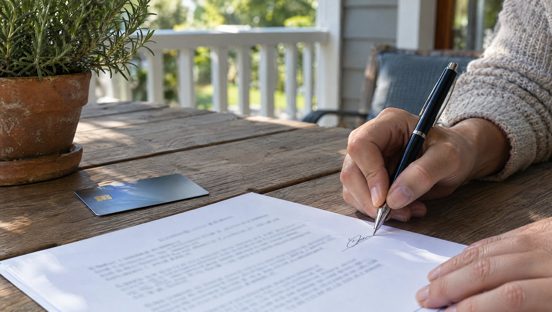 A hand signing a blurred printed agreement on a porch table, a payment card beside it.