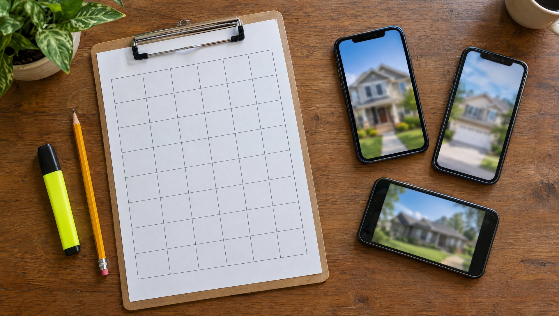 A blank grid worksheet on a clipboard with a pencil, beside three phones showing house photos.